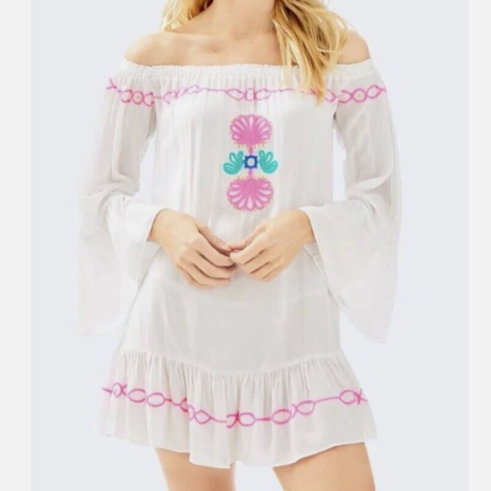 Lilly Pulitzer Nemi Embroidered Tunic Off Shoulder Coverup - Picture 2 of 12
